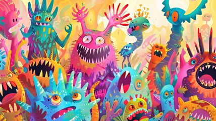 Vividly Colored Monster Gathering in a Surreal Fantasy Land