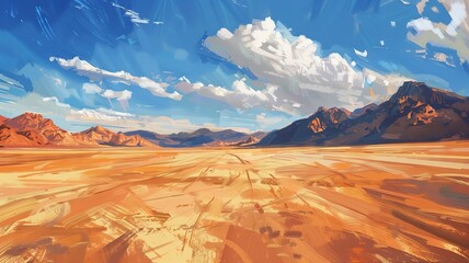 Naklejka premium Vast Desert Landscape Under Blue Sky with Clouds in Vibrant Brush Strokes