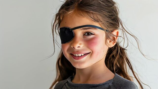 Girl wearing eye patch smiles at camera