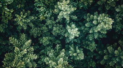 Top-down view of the canopy of a dense coniferous forest, with a rich green color palette, showing the varied textures and patterns of the tree tops.