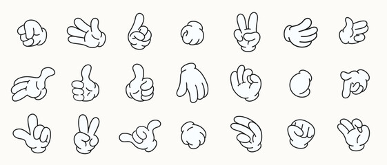 Cute cartoon hands vector. Retro doodle arms with different gestures isolated illustration icons set. Showing numbers, pointing with finger for mascot and design decoration. 