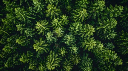 Fototapeta premium Top-down view of the canopy of a dense coniferous forest, with a rich green color palette, showing the varied textures and patterns of the tree tops.