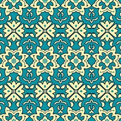 Fototapeta premium Turquoise and beige floral pattern with geometric elements for textiles and wallpapers