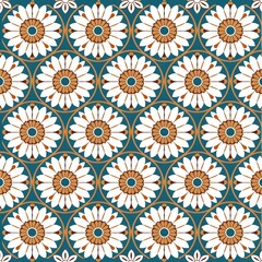 Seamless repeating floral pattern with white flowers and brown centers on teal background.