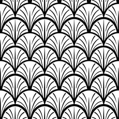 Elegant black and white Japanese-style geometric pattern with repeating fan shapes.