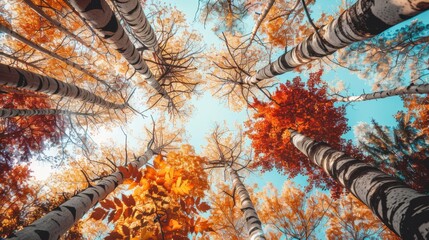 View from the ground looking up at tall deciduous trees with vibrant autumn leaves in shades of orange, red, and yellow.