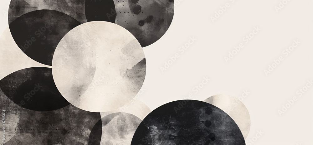 Poster abstract background with overlapping circles and grunge texture, monochrome design for graphic eleme