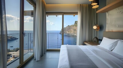 Beachfront bedroom with a stunning ocean view. Large windows, modern decor, comfortable bed, luxury, relaxation, vacation. Generative by AI.