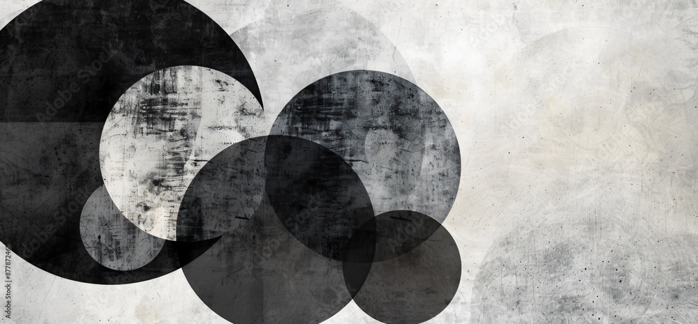 Poster abstract background with overlapping circles and grunge texture, monochrome design for graphic eleme