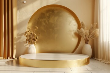 product display or showcase pedestal on gold background product template. 3D rendering