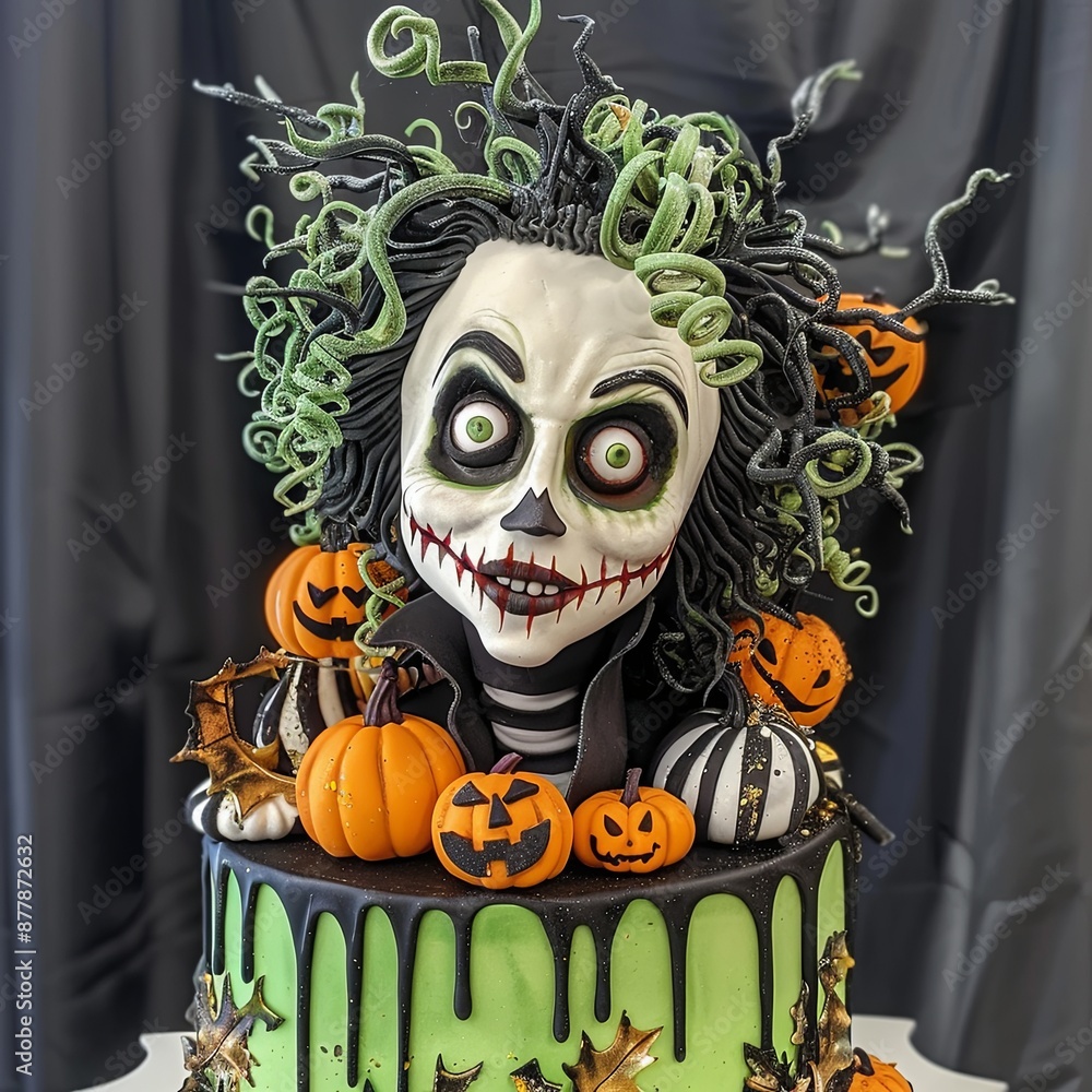 Canvas Prints A cake with a skeleton face and a green and orange frosting