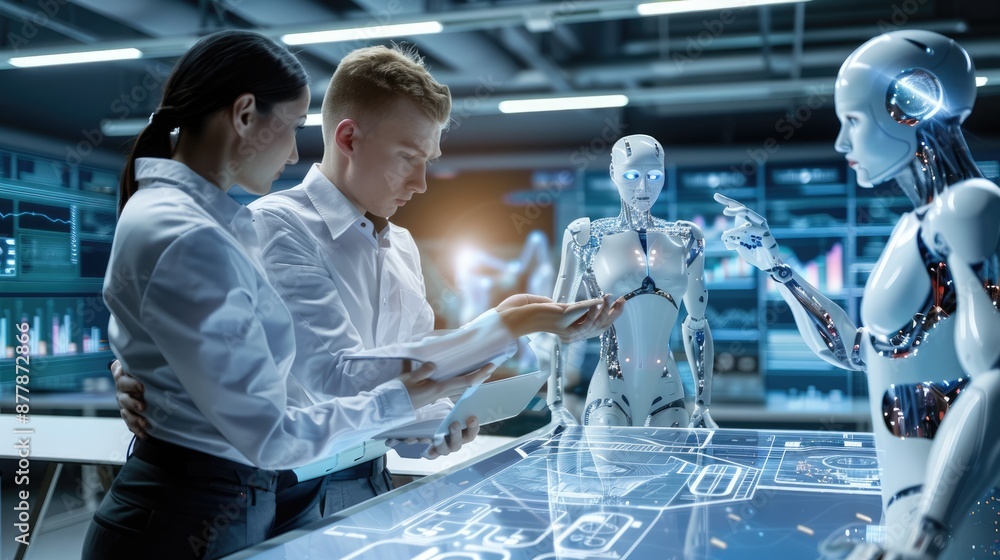 Poster teamwork in a cuttingedge tech office with ai interface, digital networks, and dynamic data visualiz