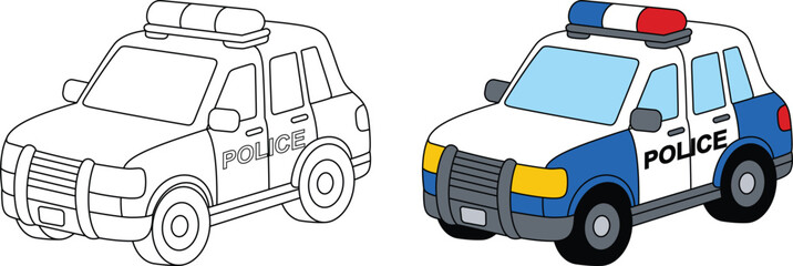 Police car, transportation, vehicle, outline coloring page for kids © Saly