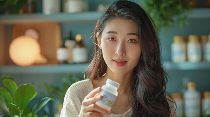 Asian woman holding pill bottle, pouring vitamins into hand. Health care and dietary supplements theme