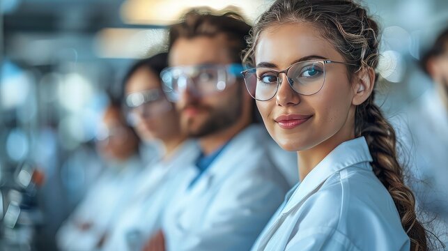 Diverse team of scientists and policymakers collaborating on renewable energy projects, solar panels and wind turbines in the background