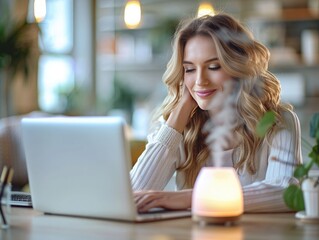 Young woman using essential oil diffuser at home office, relaxed expression. Aromatherapy and modern living