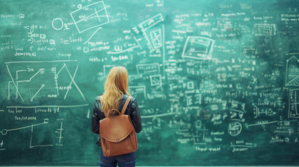 Female student staring at a green chalkboard filled with numerous equations