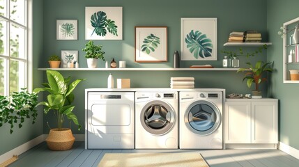 A laundry room with a white washer and dryer, a potted plant