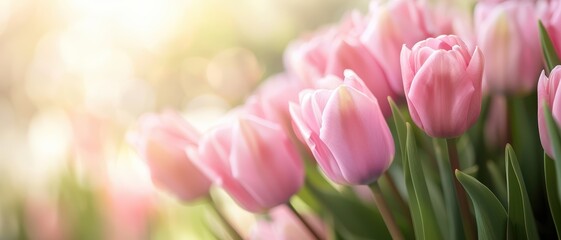 Obraz premium Beautiful Pink Tulips in Bloom with Soft Sunlight in a Serene Garden Setting