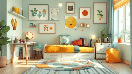 A child's bedroom with a yellow bed, orange pillows, and a white desk