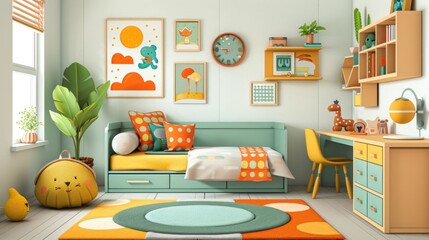 A colorful bedroom with a green bed, yellow chair, and orange pillows