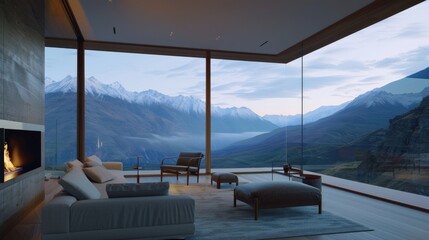 Fototapeta premium Modern living room with panoramic mountain view, large windows, cozy furniture, and fireplace, creating a serene and luxurious atmosphere.