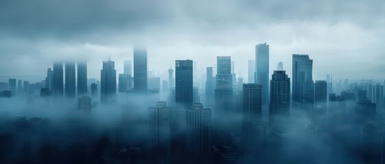 Fototapeta premium Misty Urban Skyline with Skyscrapers Emerging Through Dense Fog in a Modern Cityscape