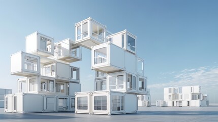 Modern modular architecture featuring stacked, white cubic units against a clear blue sky, showcasing innovative design and contemporary living.