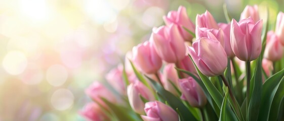Obraz premium Beautiful Pink Tulips in Bloom with Soft Sunlight and Bokeh Background