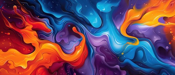 Abstract Colorful Fluid Art Painting with Vibrant Swirls and Dynamic Patterns in Blue, Purple, Orange, and Red Hues