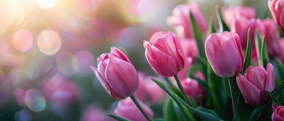 Obraz premium Beautiful Pink Tulips in Bloom with Soft Bokeh Background and Sunlight