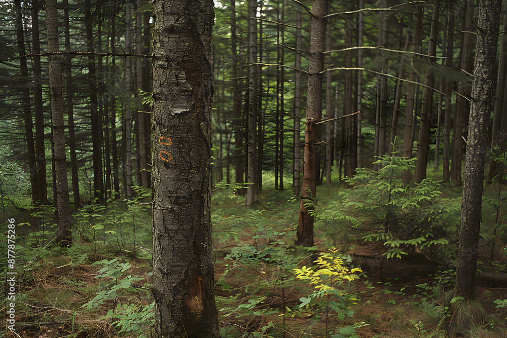 Poster A forest with a marked tree to protect it from logging