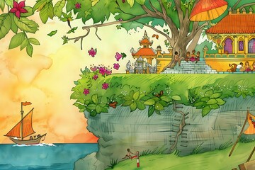 Majestic Banyan Tree Sheltering Curious Monkeys