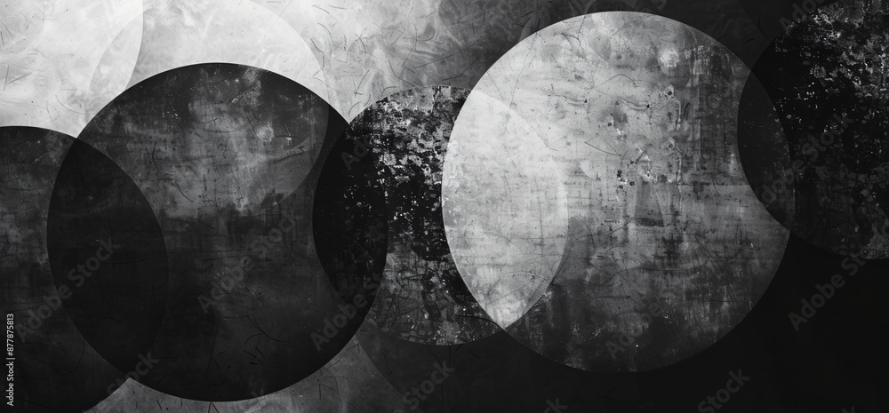 Poster abstract background with overlapping circles and grunge texture, monochrome design for graphic eleme