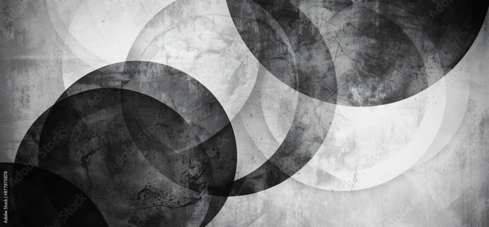 Poster abstract background with overlapping circles and grunge texture, monochrome design for graphic eleme