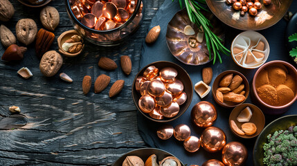 Fototapeta premium Health Supplement Concept: Copper Pills Surrounded by Nuts, Seeds, and Shellfish