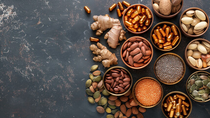 Nutritional Supplements with Copper Pills, Nuts, Seeds, and Shellfish
