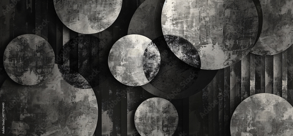 Poster abstract background with overlapping circles and grunge texture, monochrome design for graphic eleme
