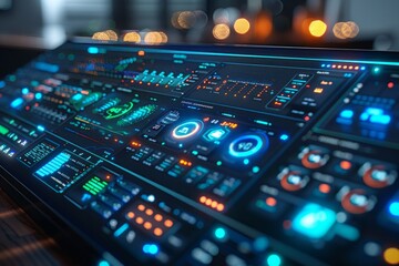 A detailed view of a digital smart home interface with interconnected devices, providing a sleek and modern background. Perfect for themes of home tech AI Generative.