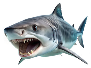 Tiger shark with an open mouth on a white background.
