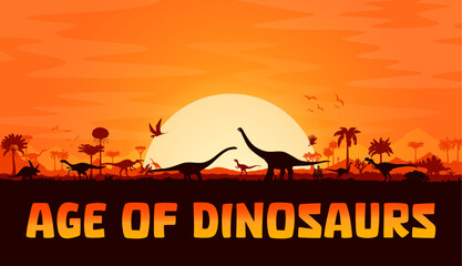 Prehistoric dinosaurs silhouettes on sunset background with trees, rocks and plants. Vector landscape with terrain dino species and flying pterosaur shadows in front of large sun in orange dusk sky © Vector Tradition