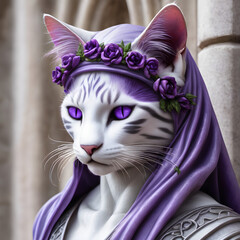 As I strolled through the enchanted forest, a mesmerizing sight awaited me. An anthropomorphic cat stood gracefully in a clearing, her fur adorned with delicate purple flowers that framed her face lik