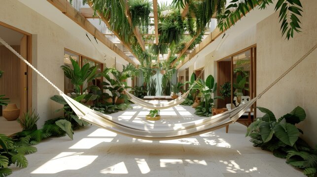 Tropical indoor garden courtyard with hammocks, lush green plants, natural sunlight, and serene relaxing atmosphere in modern architecture resort.