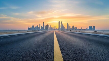 Obraz premium Sunset Urban Skyline with Road Leading to Modern Cityscape Horizon