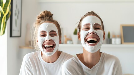 Two women laughing with face masks on, enjoying a fun skincare routine together at home, highlighting beauty and friendship moments.