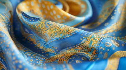 Luxurious Close-Up of Ornate Silk Fabric with Golden Patterns