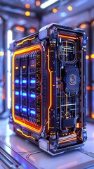 Obraz premium Futuristic metallic box with glowing lights, isolated on white background.