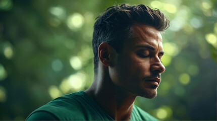 Man with brown hair green shirt in nature with eyes closed looks pensive and thoughtful