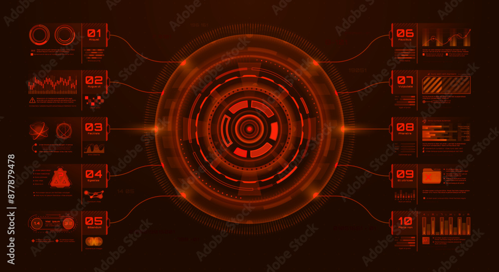 Poster Red hud infographics, vector futuristic, high-tech interface or information display showcases glowing red concentric circle with surrounding panels displaying warnings, data, and icons in sci-fi style