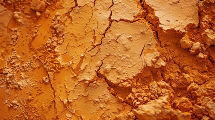 Fototapeta premium A close-up view of drying orange-brown sandy mud-like clay reveals a slightly damp texture with visible cracks, forming crevices around a slightly raised or peaked central area.